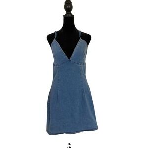 SHEIN Blue Denim Mini Dress Deep V-Neck Backless Tie Straps 12
